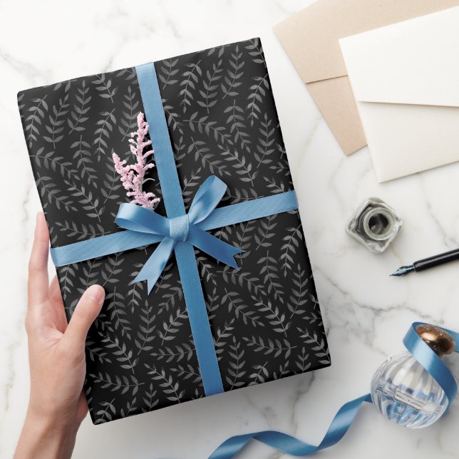 Grey leaves pattern on black wrapping paper (Gifting)
