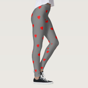 Grey Leggings with Red Hearts Stylish Comfortable