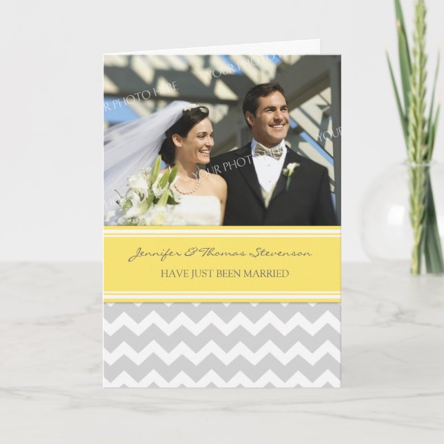 Grey Lemon Chevron Just Married Photo Announcement (Front)