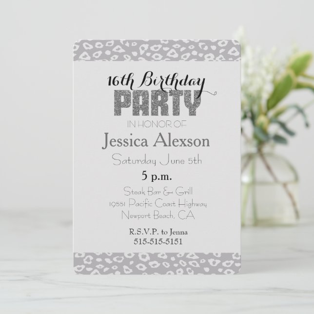 Grey Leopard Print 16th Birthday Invitation (Standing Front)