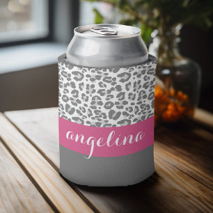 Grey Leopard Print Pattern with Pink Name Can Cooler