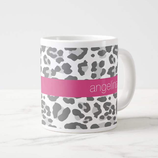 Grey Leopard Print Pattern with Pink Name Large Coffee Mug (Front Right)
