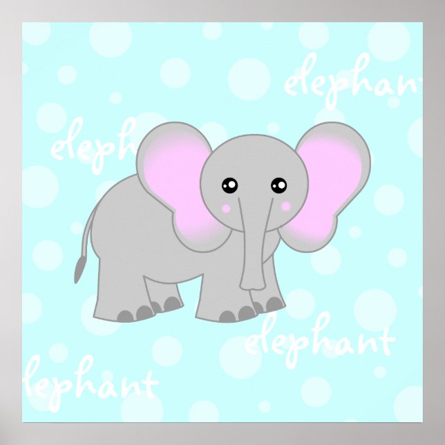 Grey / Light Blue Baby Elephant Cute Poster Print (Front)