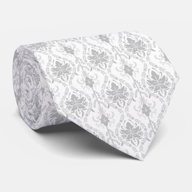 grey , light grey , white and greydamask pattern  tie (Rolled)