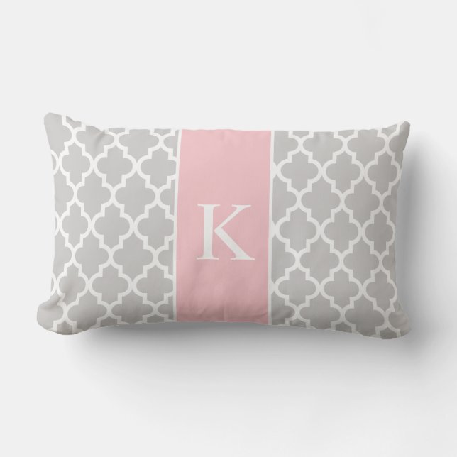 Grey Light Pink Moroccan Custom Monogram Lumbar Cushion (Front)