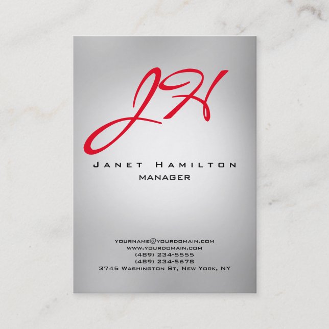 Grey light vertical modern plain red monogram business card (Front)