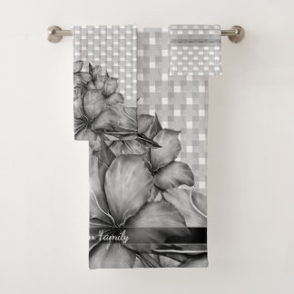 Grey Lilies Checks Stripes Bath Towel Set