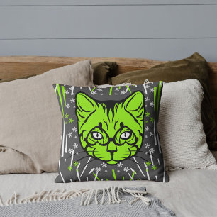 Grey Lime White Black Modern Cute Cat Colourful Cushion