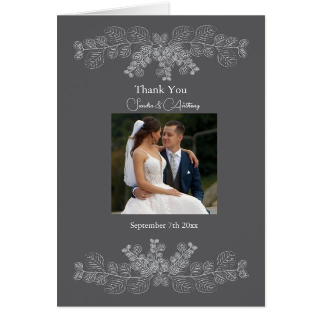 Grey Line Art Eucalyptus Photo Wedding Thank You (Front)