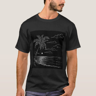 Grey Line Sketch Of A Sunset Beach, Black Backgrou T-Shirt