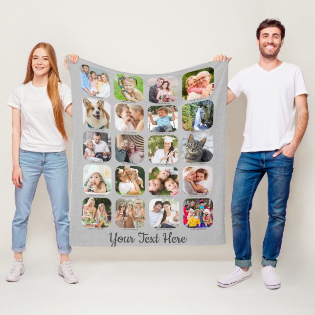 Grey Linen 20 Photo Collage Captions Script Name Fleece Blanket (In Situ)