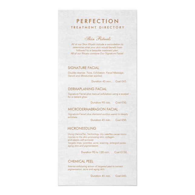 Grey Linen Aesthetician Spa Price List Service Men Rack Card (Front)