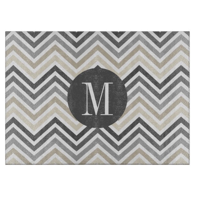 Grey & Linen Beige Chevron Pattern with Monogram Cutting Board (Front)