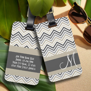 Grey & Linen Beige Chevron Pattern with Monogram Luggage Tag