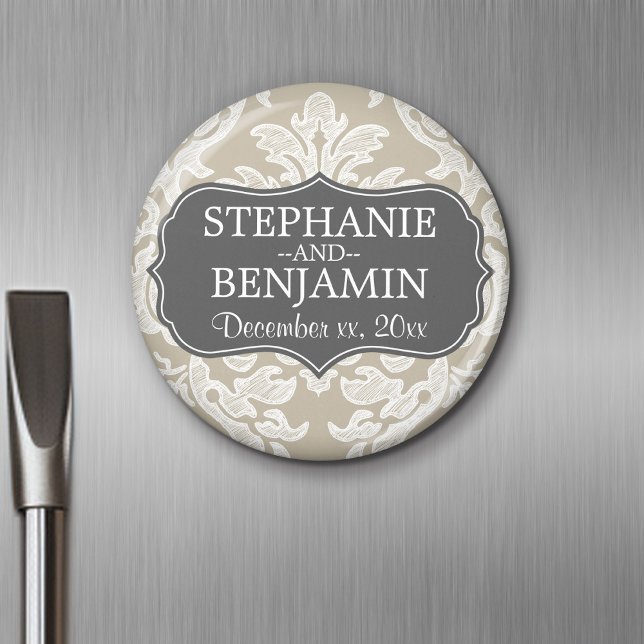 Grey & Linen Beige Damask Pattern Wedding Favour Magnet (Personalized magnet)