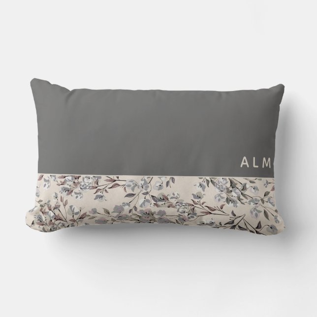Grey & Linen Beige Floral | Monogram Lumbar Cushion (Front)