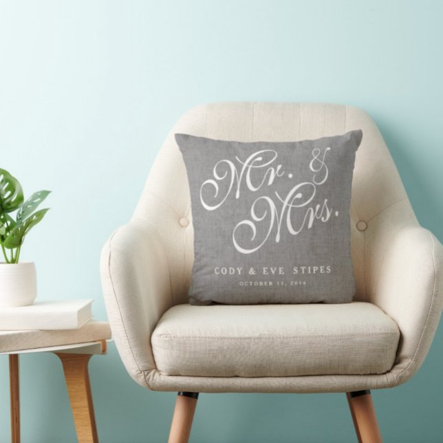 Grey Linen Initials Mr. and Mrs. Wedding Pillow (Creator Uploaded)