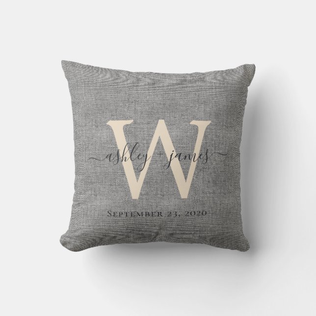 Grey Linen Ivory Monogram Wedding Keepsake Cushion (Front)