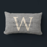Grey Linen Ivory Monogram Wedding Keepsake Lumbar Cushion<br><div class="desc">Elegant wedding keepsake grey woven linen effect pillow with your text in dark grey chic handwritten script calligraphy. Simply add your names, monogram and wedding date. Great gift for a newlywed couple. Exclusively designed for you by Happy Dolphin Studio. If you need any help or matching products, please contact us...</div>