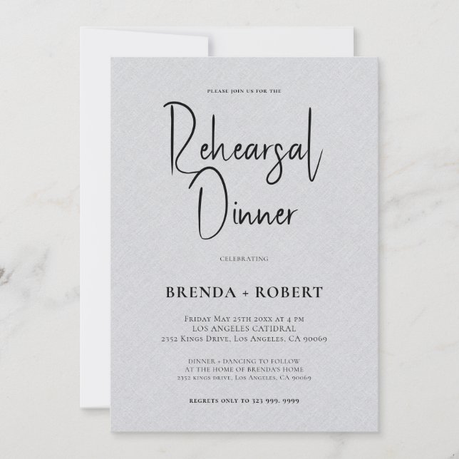 Grey linen Simple White Script Rehearsal Dinner Invitation (Front)