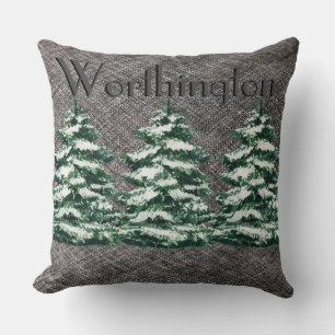 Grey Linen Snowy Evergreen Trees Name Throw Pillow