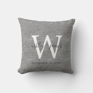 Grey Linen White Monogram Wedding Keepsake Cushion
