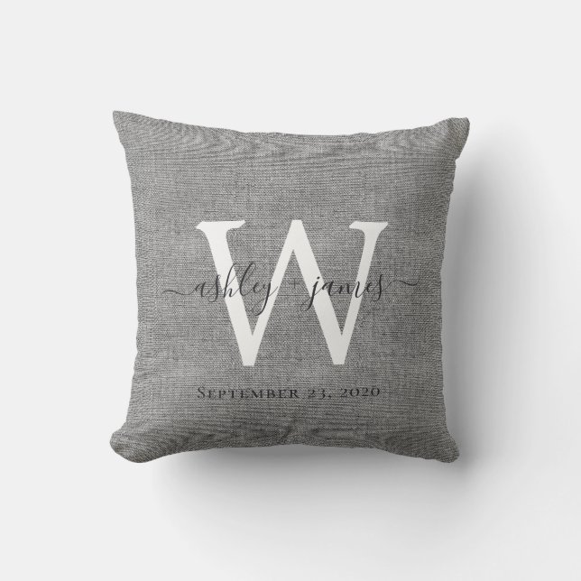 Grey Linen White Monogram Wedding Keepsake Cushion (Front)