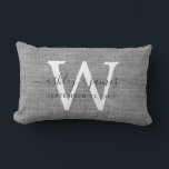 Grey Linen White Monogram Wedding Keepsake Lumbar Cushion<br><div class="desc">Elegant wedding keepsake grey woven linen effect pillow with your text in dark grey chic handwritten script calligraphy. Simply add your names, monogram and wedding date. Great gift for a newlywed couple. Exclusively designed for you by Happy Dolphin Studio. If you need any help or matching products, please contact us...</div>