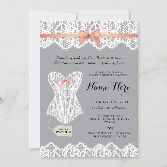 Grey Lingerie Shower Bridal Coral Corset Invites (Front)