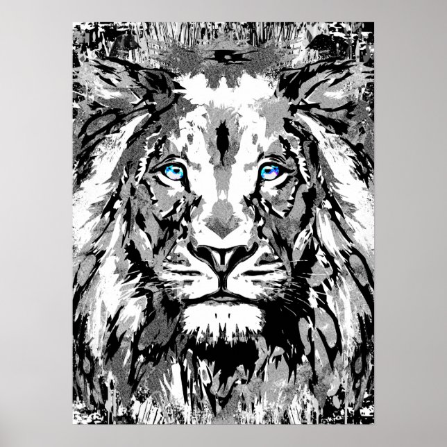 Grey Lion Portrait Drawing - Lion Poster Print (Front)