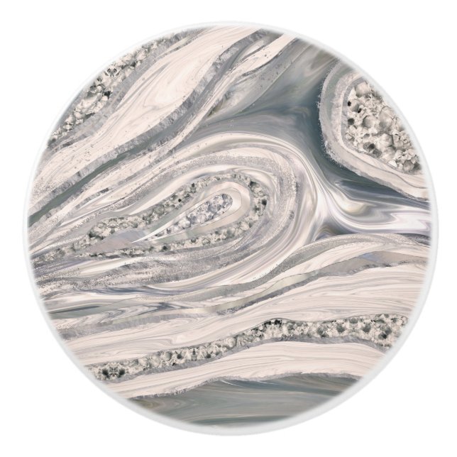 Grey liquid marble and crystal - pearl and silver ceramic knob (Front)