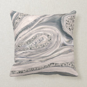 Grey liquid marble and crystal - pearl and silver cushion