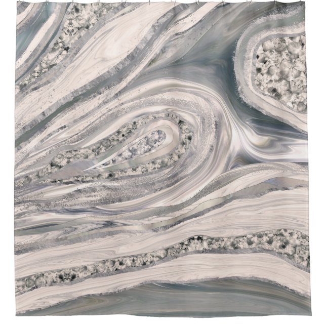 Grey liquid marble and crystal - pearl and silver shower curtain (Front)