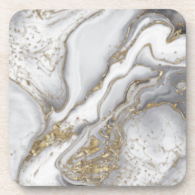 Grey liquid marble - pearl and gold coaster (Front)