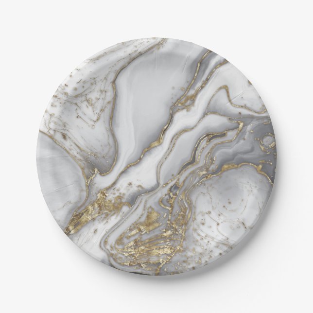 Grey liquid marble - pearl and gold paper plate (Front)