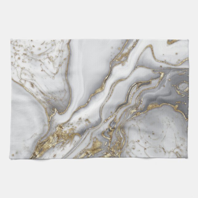 Grey liquid marble - pearl and gold tea towel (Horizontal)
