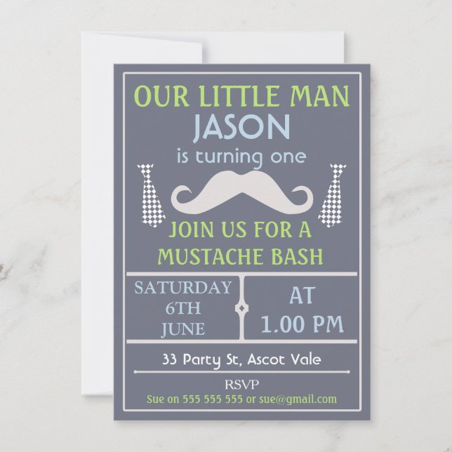 Grey Little Gentleman Mustache Birthday Invitation (Front)