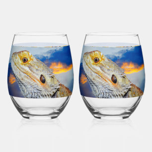 Grey Lizard at sunset Stemless Wine Glass