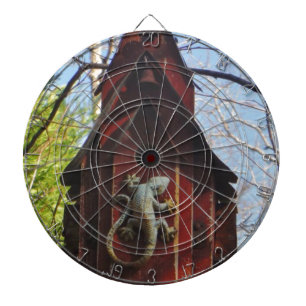 grey lizard on worn wood dartboard