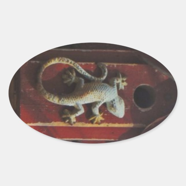 grey lizard on worn wood oval sticker (Front)