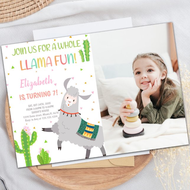 Grey Llama Birthday Invitations with photo (Gray Llama Birthday Invitations with photo)