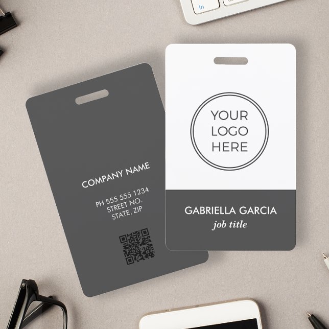 Grey Logo Corporate Employee ID Badge (Personalize this double sided badge with logo, name, title, QR Code and business info.)