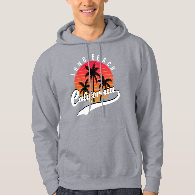 Grey Long Beach Retro Sunset And Palms Hoodie (Front)