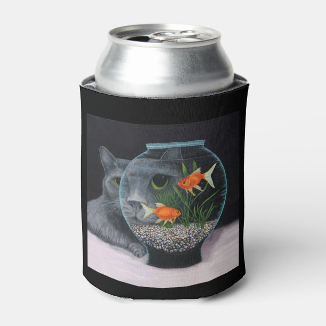 Grey Long Haired Cat and Fishbowl Can Cooler (Can Front)