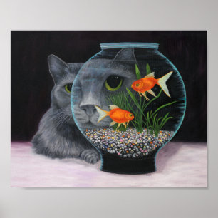 Grey Long Haired Cat and Fishbowl Poster