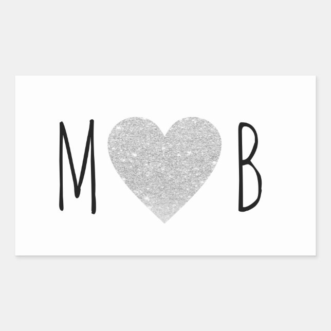 grey love heart monogram romantic wedding  rectangular sticker (Front)