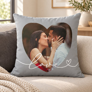 Grey Love Script Heart Photo Couple Cushion