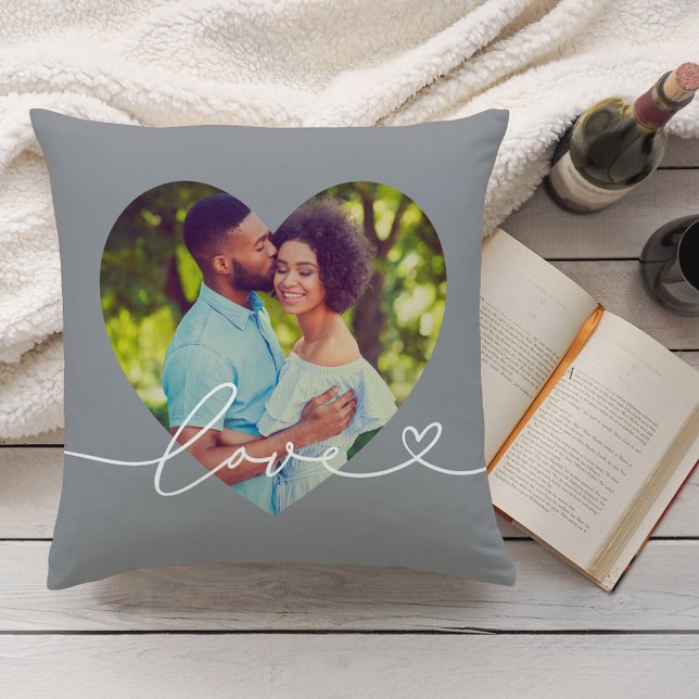 Grey Love Script Heart Photo Couple Cushion (Creator Uploaded)