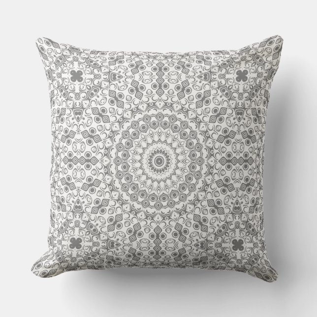 Grey Mandala Geometric Pattern Cushion (Front)