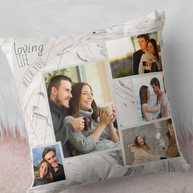 Grey Marble 5 Photo Collage - Loving Life with You Cushion (Creator Uploaded)